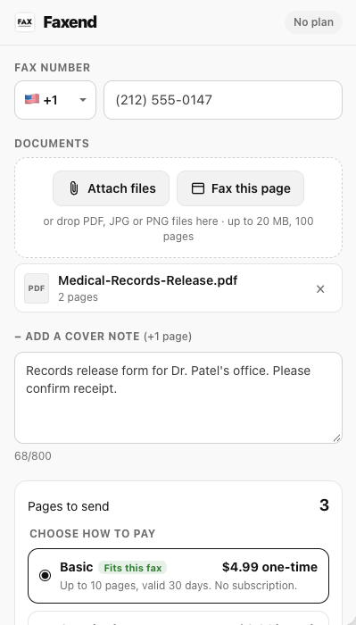 Faxend for Chrome side panel with a US fax number, an attached two-page PDF, a cover note and the Basic plan price