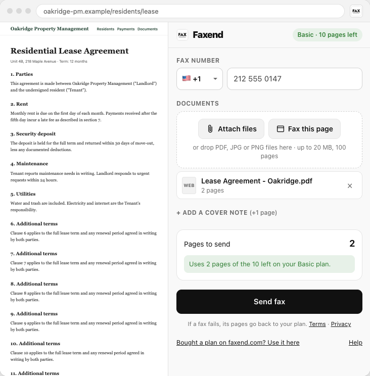 Faxend for Chrome faxing an open lease agreement web page with the Fax this page button