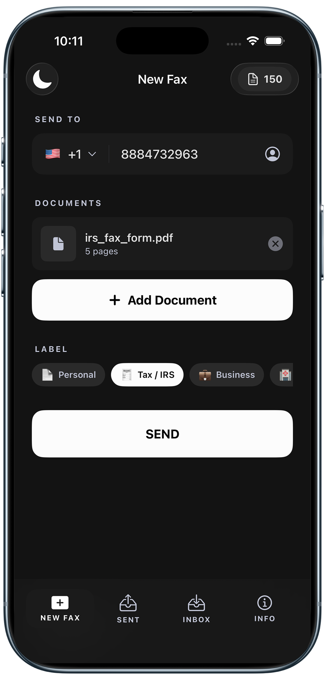 Faxend app — new fax composition screen